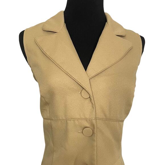 Vintage 90s Waist Coat Vest Camel Sleeveless Top Button Up Notch Collar Minimal - Picture 2 of 9